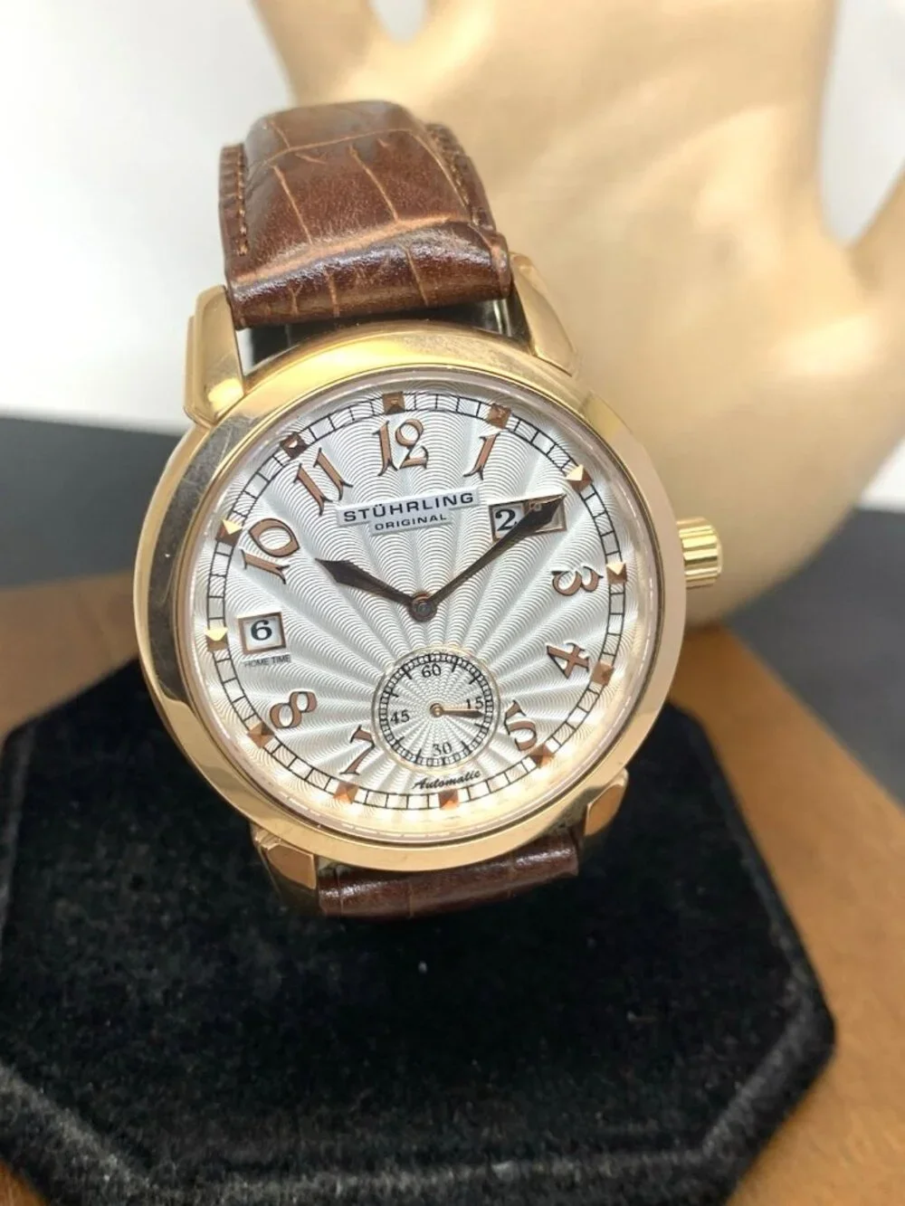 Stuhrling Men's Watch Automatic Silver Dial Rose Gold Brown Leather Strap 40mm